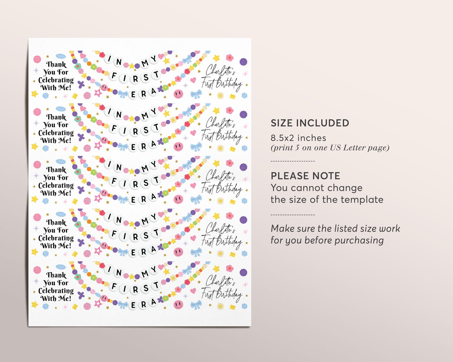 In My First Era Water Bottle Labels Editable Template, Eras Girl First Birthday Friendship Bracelet Party Bottle Wrapper Drink Tags Wrap
