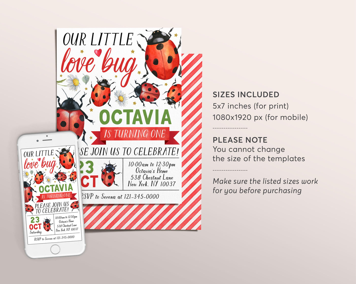 Ladybug Birthday Invitation Editable Template, Girl Our Little Love Bug Party Invite, Kids Little Lady Bug  Hunt Garden Nature Theme Evite