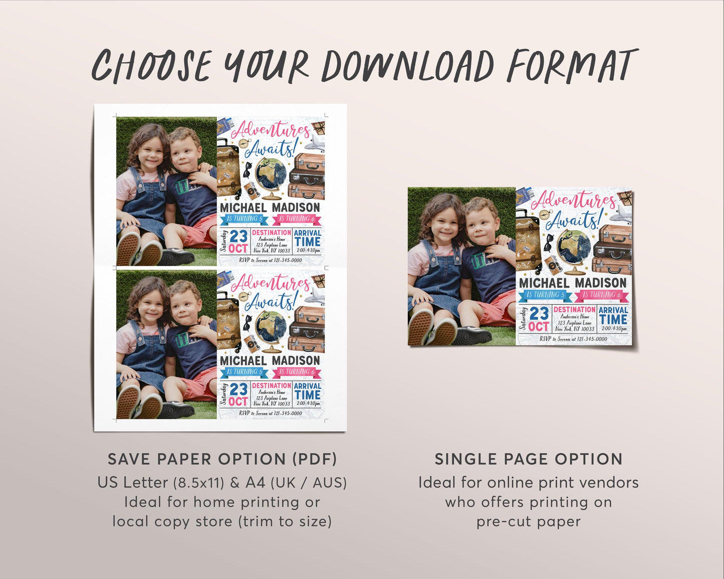 Adventure Awaits Travel Joint Siblings Birthday Invitation With Photo Editable Template, Twin Girl Boy Around the World Party Invite Evite