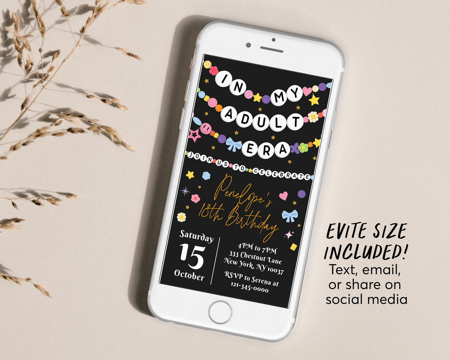 In My Adult Era Invitation Editable Template, Friendship Bracelet Party Invite, Eighteen 18th Birthday Girl Eras Music Black And Gold Evite