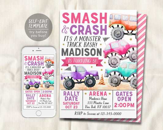 Monster Truck Birthday Invitation Editable Template