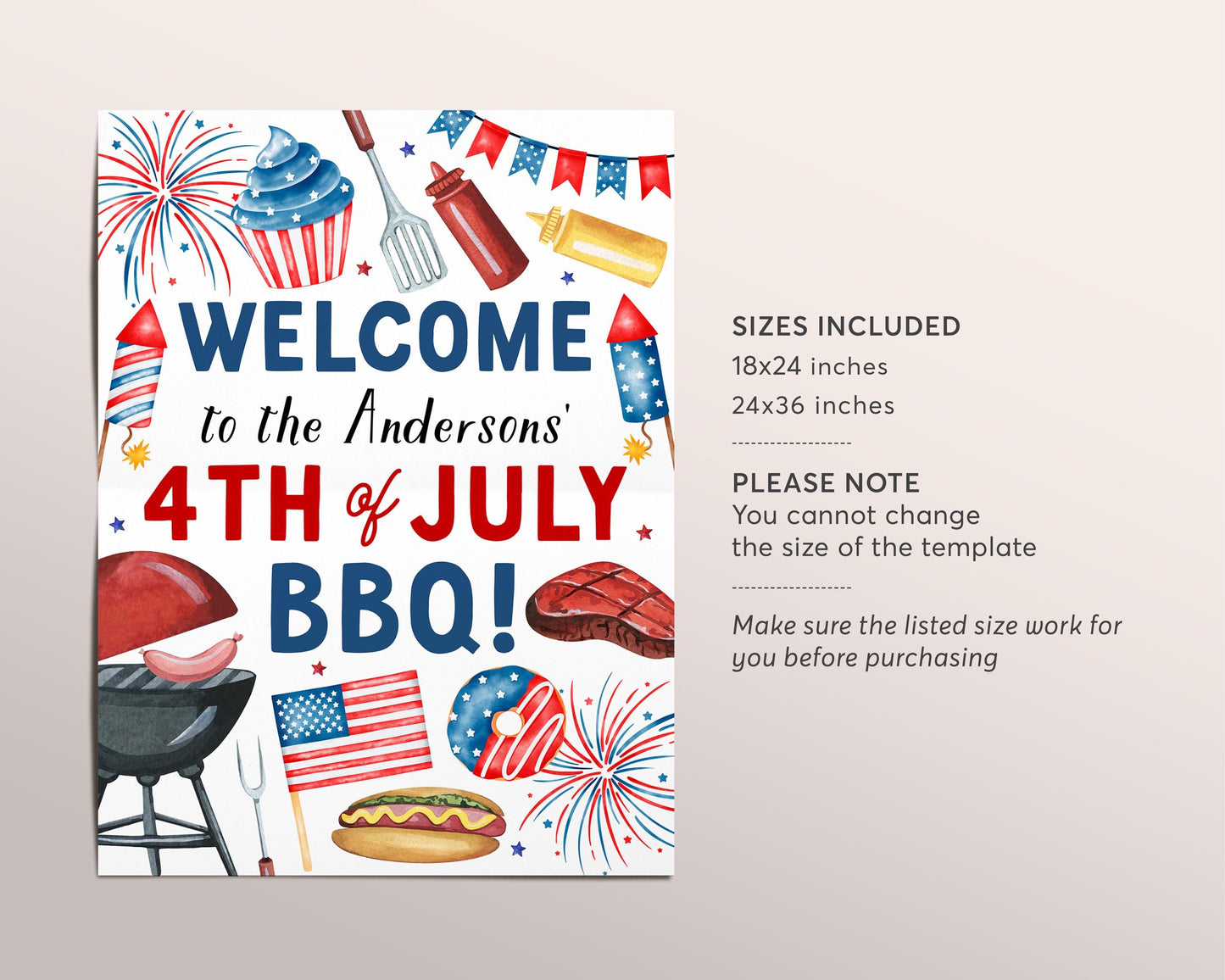 4th of July BBQ Party Welcome Sign Editable Template, Fourth of July Celebration Backyard Barbecue Poster, Independence Day Cookout Decor