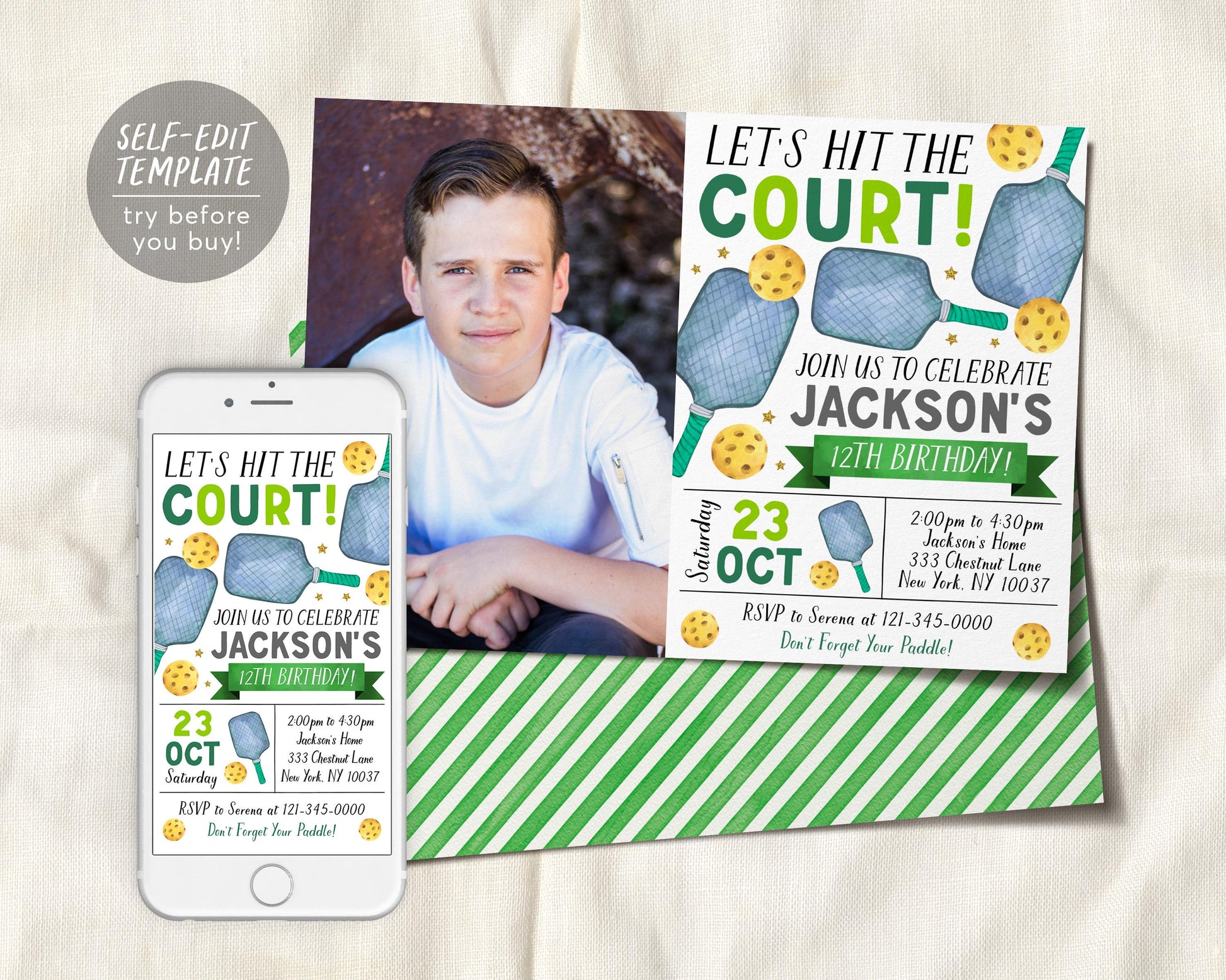 Pickleball Birthday Invitation With Photo Editable Template