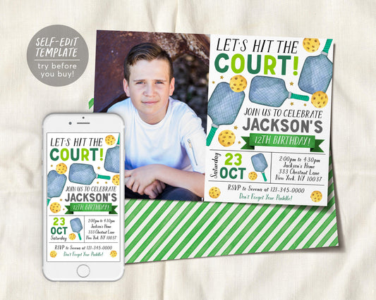 Pickleball Birthday Invitation With Photo Editable Template
