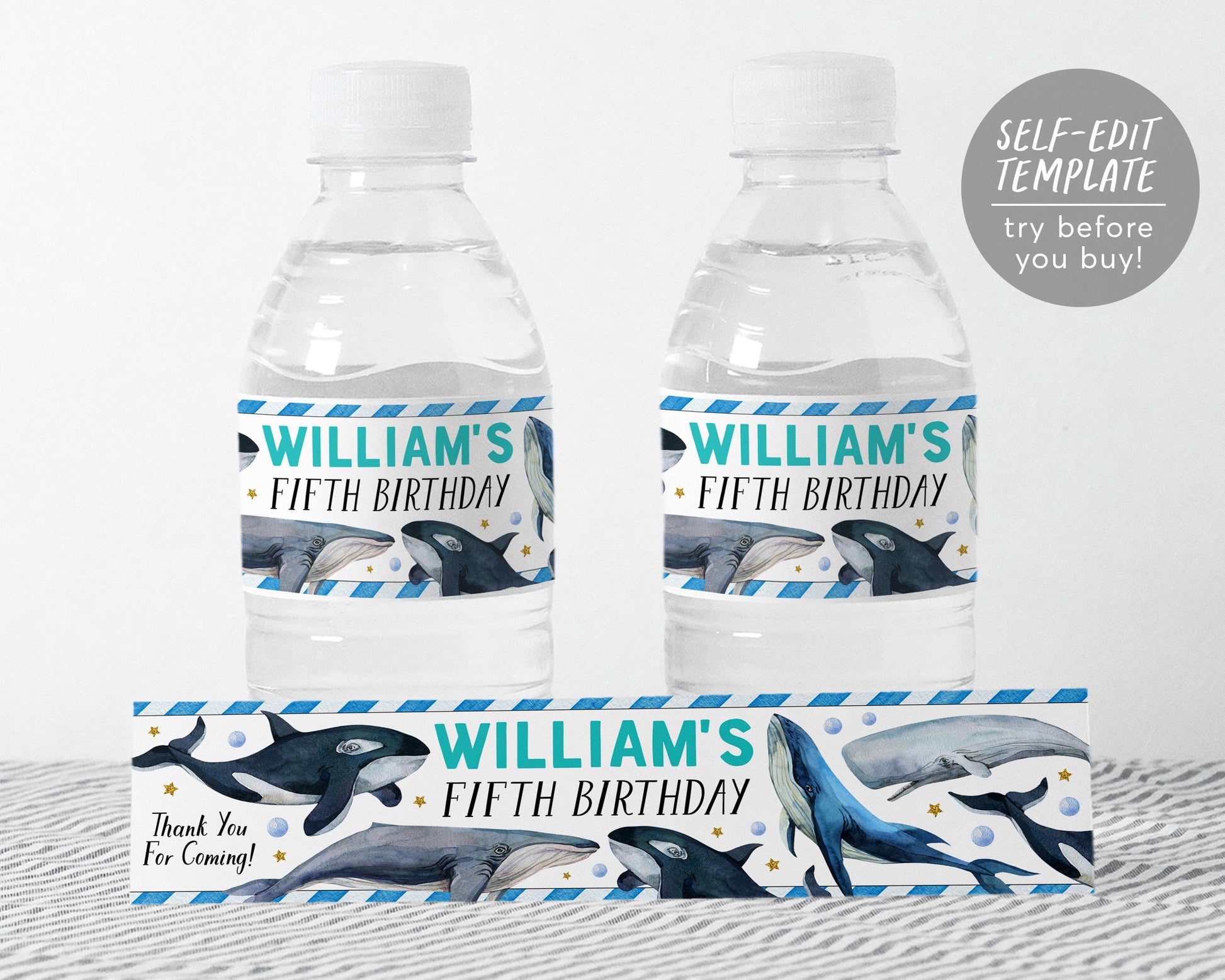 Whale Water Bottle Labels Editable Template