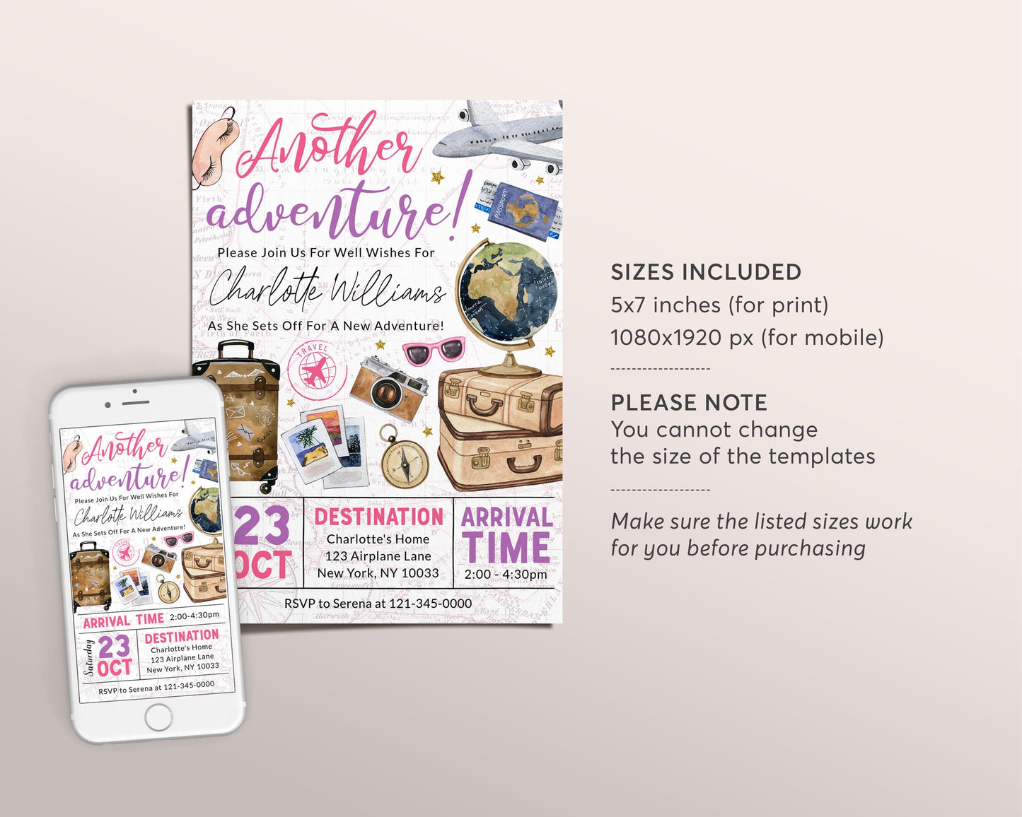 Going Away Farewell Moving Away Invitation Editable Template, Goodbye Party Invite For Her, Adventure Travel Around the World Map Evite