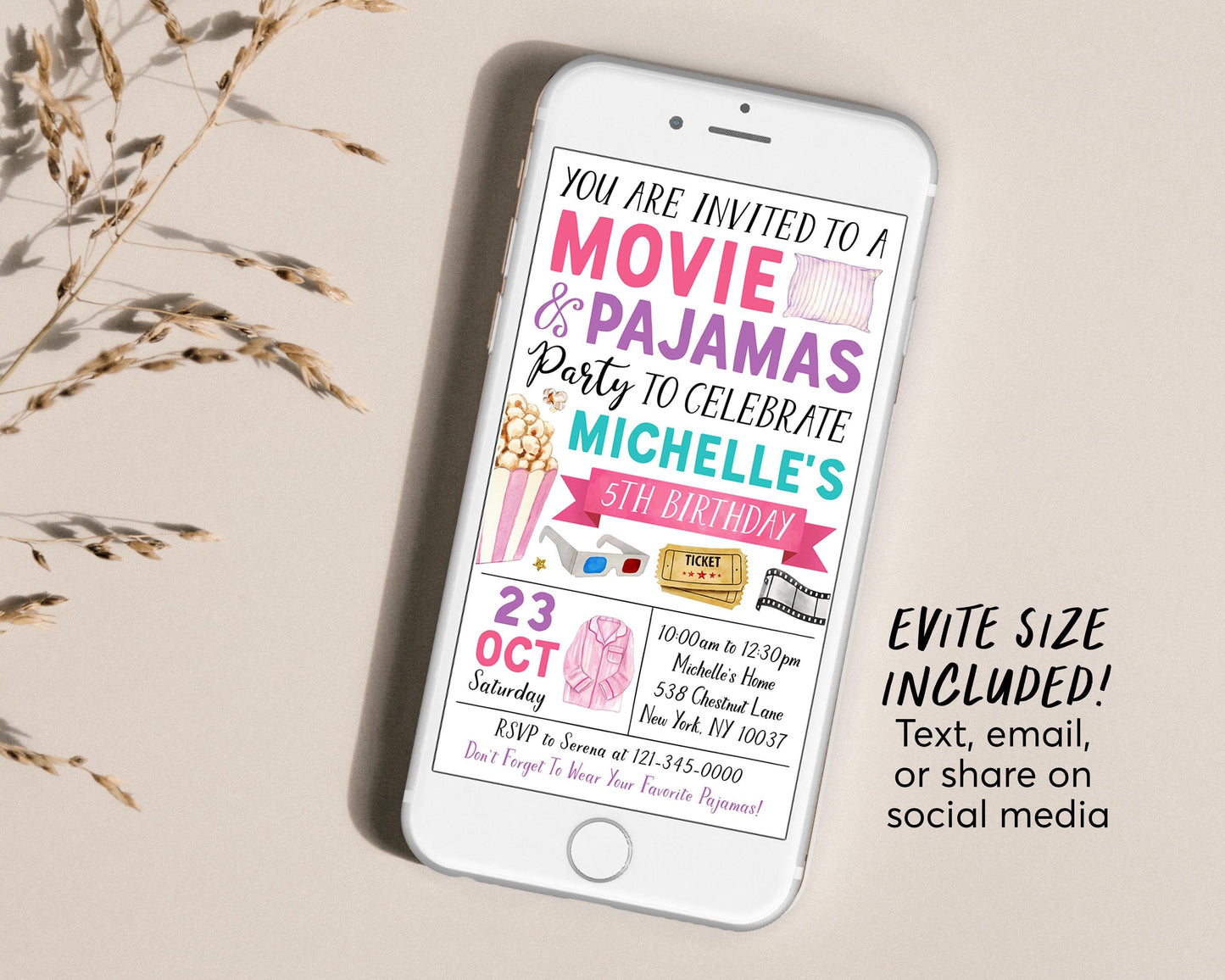 Movie and Pajamas Birthday Invitation With Photo Editable Template, Girl Slumber Party Popcorn Cinema Movie Ticket Invite, Sleepover Evite
