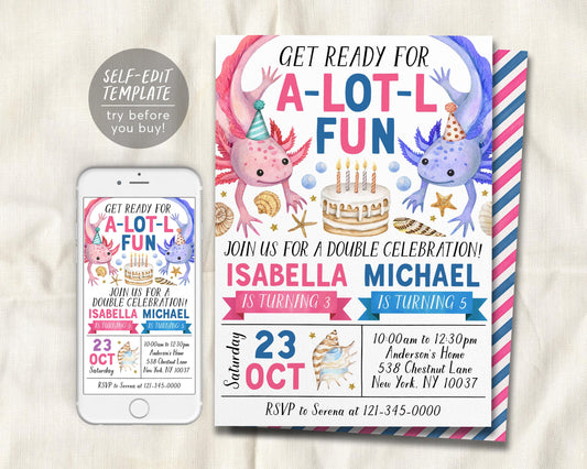 Axolotl Joint Siblings Birthday Invitation Editable Template