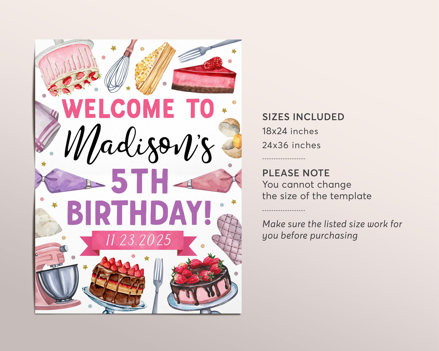 Cake Decorating Birthday Party Welcome Sign Editable Template, Girl Cake Baking Party Poster, Kids Preteen Chef Cooking Kitchen Banner Decor