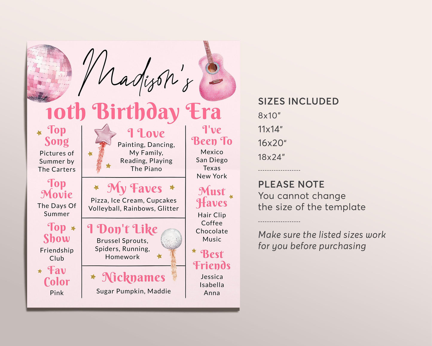 Eras Tour Milestone Sign Editable Template, Girl In My Birthday Era Party Poster, It's Me Hi I'm The Birthday Girl Stats Memory Board Decor