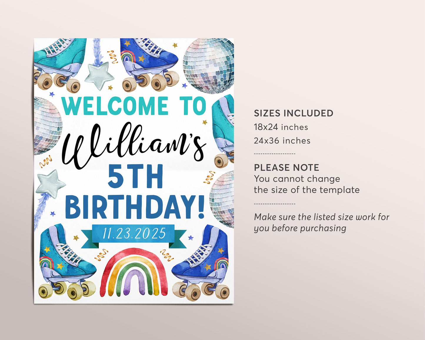 Roller Skating Birthday Welcome Sign Editable Template, Boy Roller Skate Disco Dance Party Poster, Rollerskating Rink Banner Board Decor