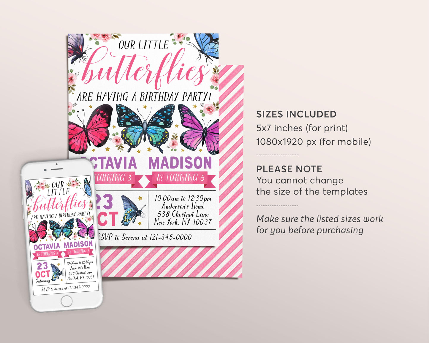 Butterfly Joint Siblings Birthday Invitation Editable Template, Twins Girl Floral Little Butterflies Party Invite, Butterfly Garden Evite