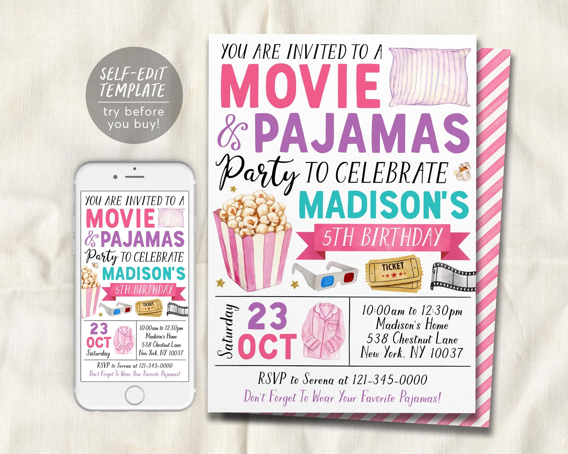 Movie and Pajamas Birthday Invitation Editable Template