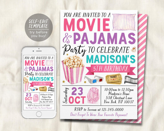 Movie and Pajamas Birthday Invitation Editable Template