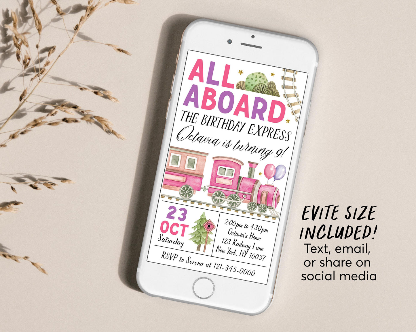 Train Birthday Invitation With Photo Editable Template, Girl Train Boarding Pass Party Invite, All Aboard The Birthday Express Travel Evite
