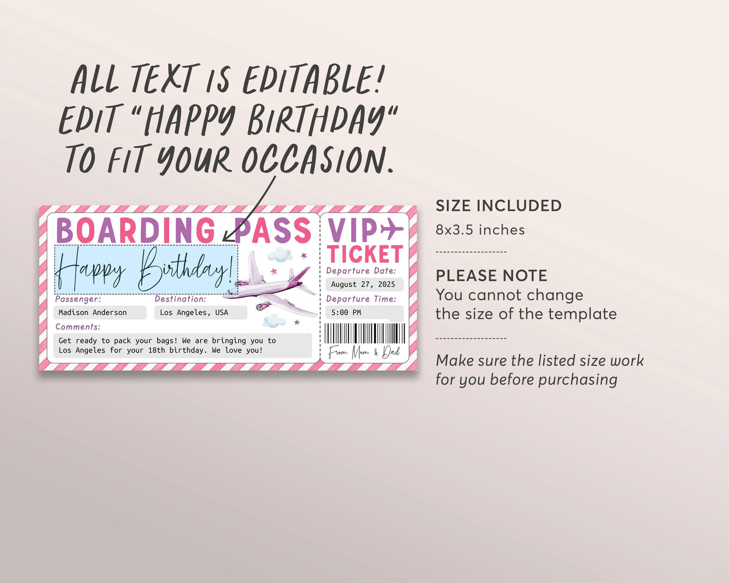Fake Boarding Pass Ticket Editable Template, Pink Surprise Vacation Trip Reveal Holiday Gift Travel Plane Ticket Airline Flight Any Occasion