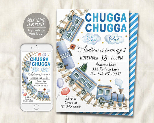 Chugga Chugga Two Two Train Birthday Invitation Editable Template