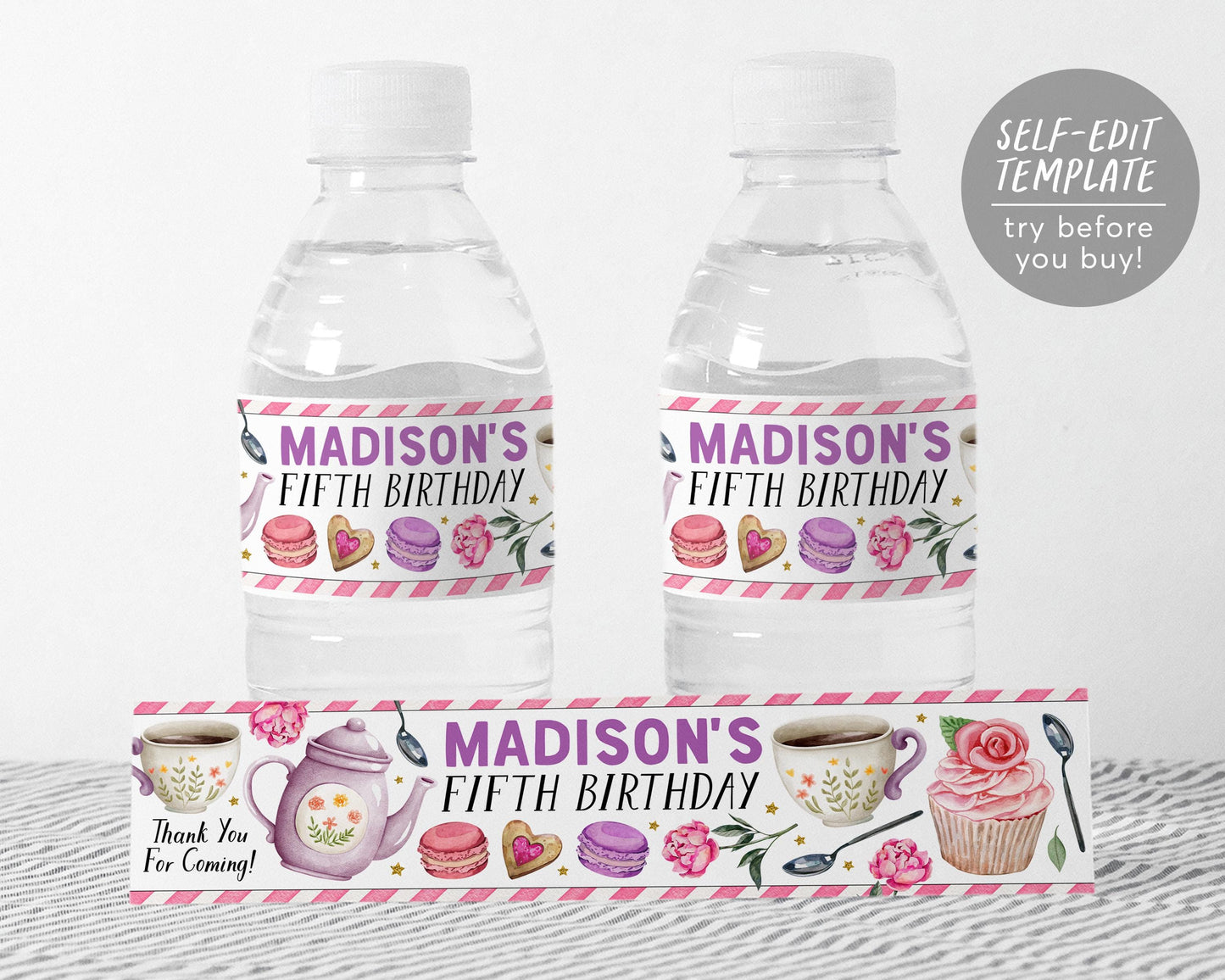 Tea Party Water Bottle Labels Editable Template