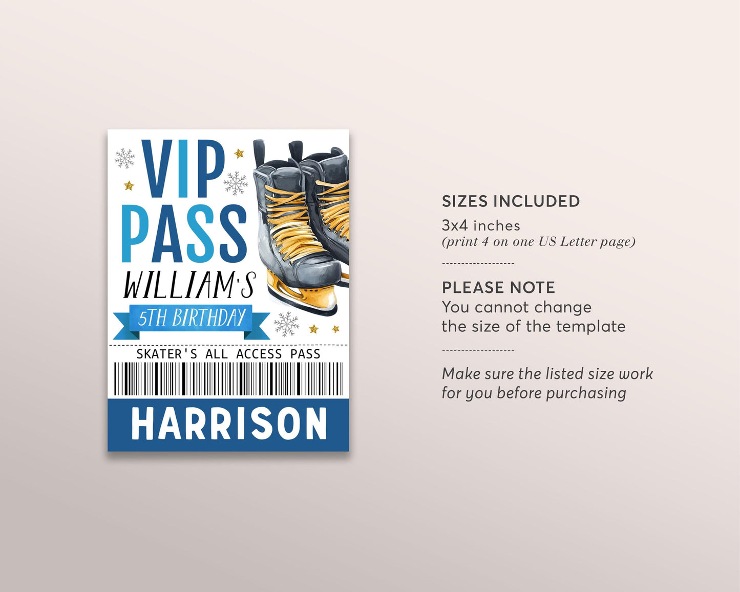 Ice Skating Birthday All Star VIP Pass Editable Template, Boy Ice Hockey Skating Rink Party All Access Pass, Guest Name Tag Insert ID Badge