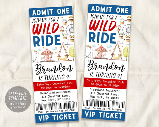 Amusement Park Birthday Ticket Invitation Editable Template