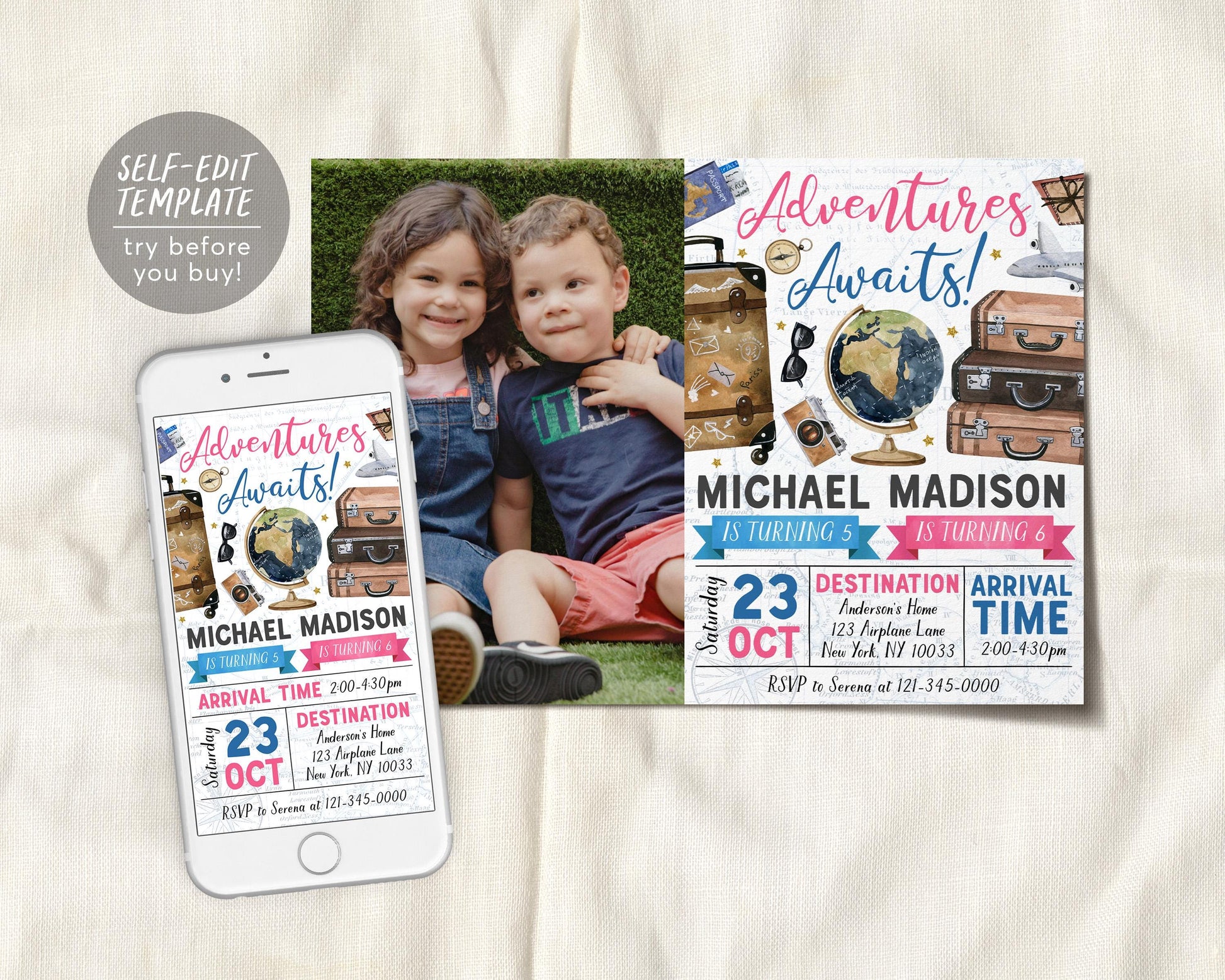 Adventure Awaits Travel Joint Siblings Birthday Invitation With Photo Editable Template