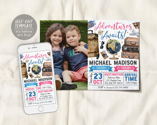 Adventure Awaits Travel Joint Siblings Birthday Invitation With Photo Editable Template