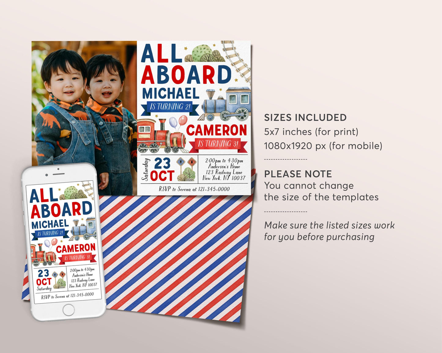 Train Joint Siblings Birthday Invitation With Photo Editable Template, Twins Train Boarding Pass Party Invite, All Aboard Birthday Express