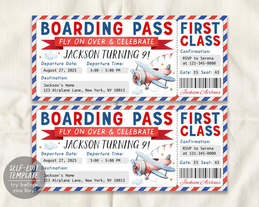 Airplane Birthday Ticket Invitation Editable Template