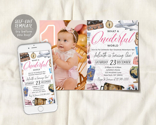 What A Onederful World First Birthday Invitation With Photo Editable Template