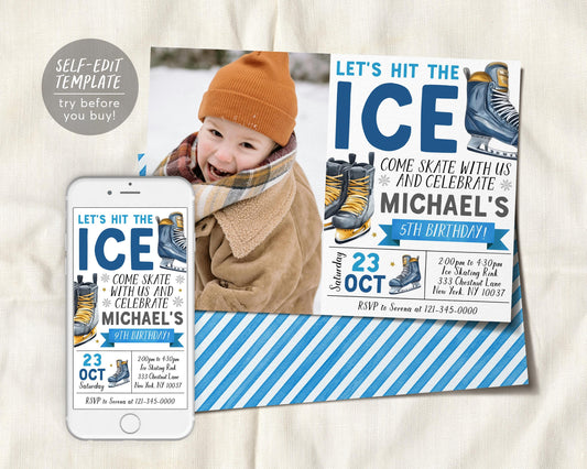 Ice Skating Birthday Invitation With Photo Editable Template