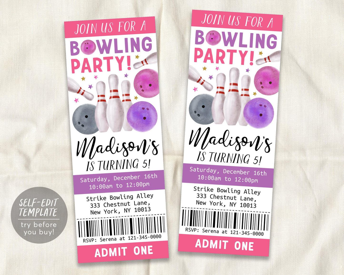 Bowling Birthday Ticket Invitation Editable Template