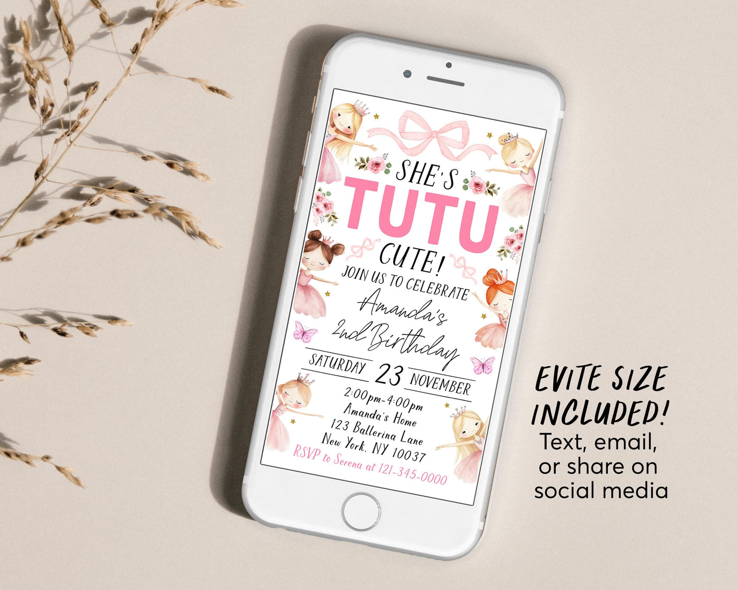 Tutu Cute 2nd Birthday Invitation With Photo Editable Template, Our Little Ballerina Second Birthday Invite, Pink Ballet Dance Floral Evite