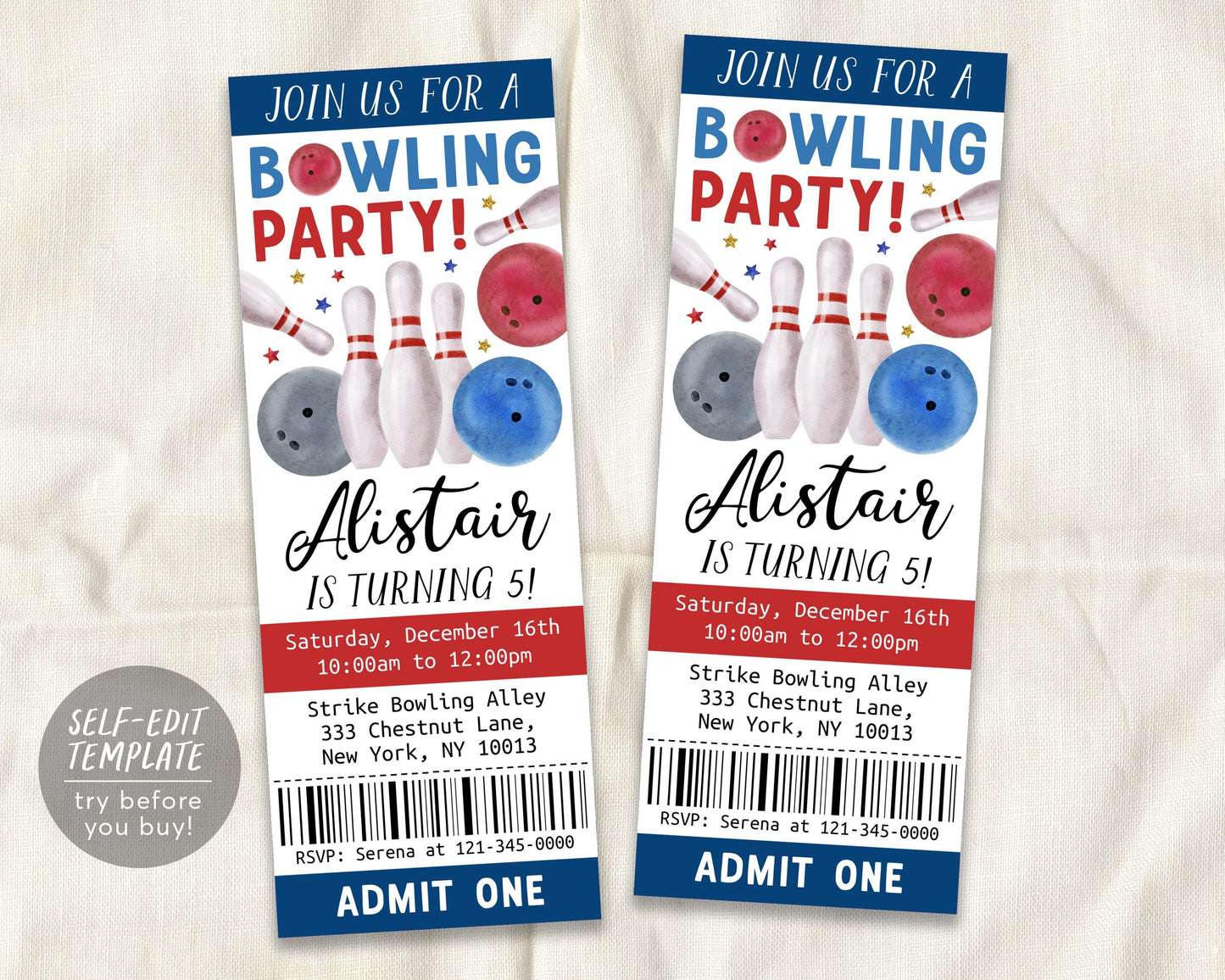 Bowling Birthday Ticket Invitation Editable Template