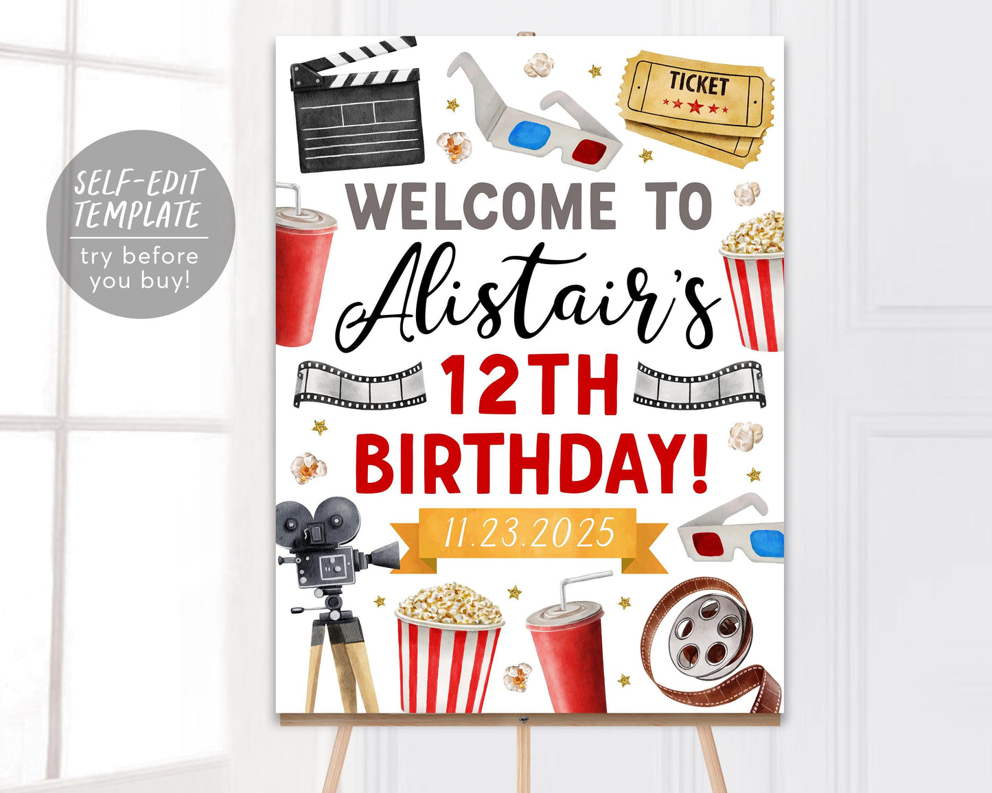 Movie Night Birthday Welcome Sign Editable Template