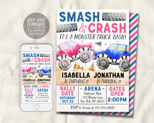 Monster Truck Joint Siblings Birthday Invitation Editable Template