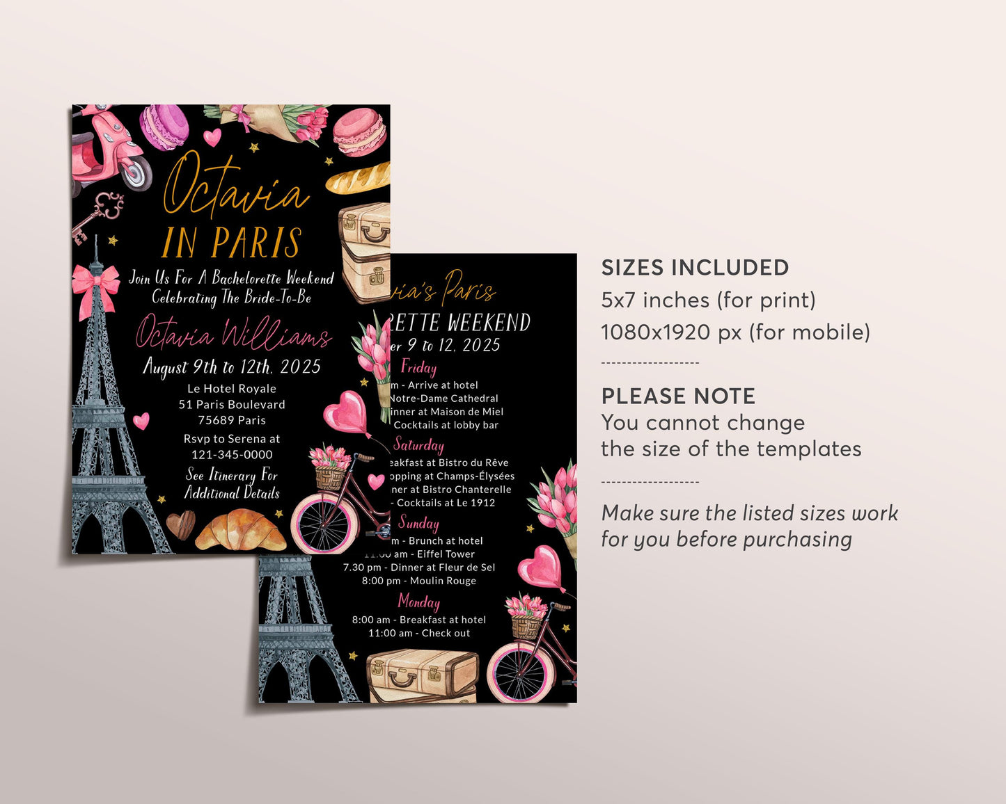 Paris Bachelorette Itinerary And Invitation Editable Template, Paris Travel Planner Invite France Girls Night Out Weekend Schedule Hen Party