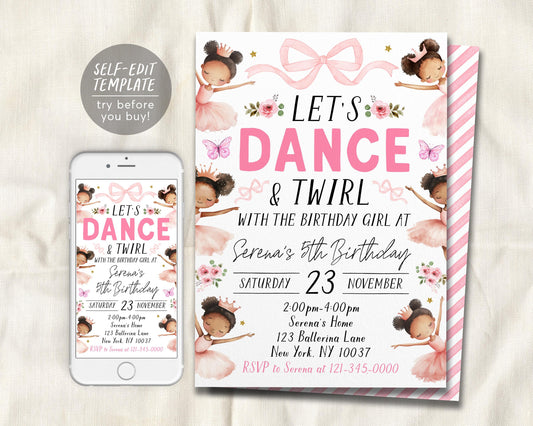 Ballerina Birthday Invitation Editable Template