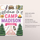 Camping Party Welcome Sign Editable Template, Girl Outdoor Adventure Camp Birthday Poster, One Happy Camper Hiking Welcome Board Banner