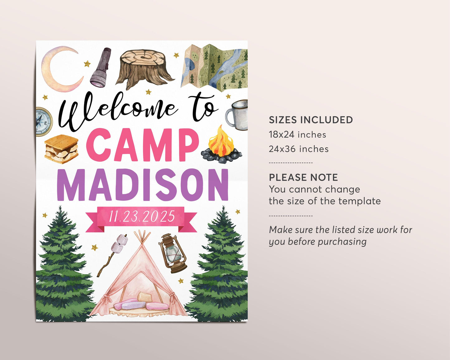 Camping Party Welcome Sign Editable Template, Girl Outdoor Adventure Camp Birthday Poster, One Happy Camper Hiking Welcome Board Banner