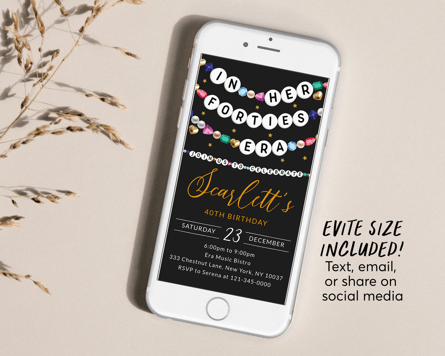 In My Forties Era Invitation Editable Template, Friendship Bracelet Party Invite, Fortieth 40th Birthday Girl Eras Music Black Gold Evite