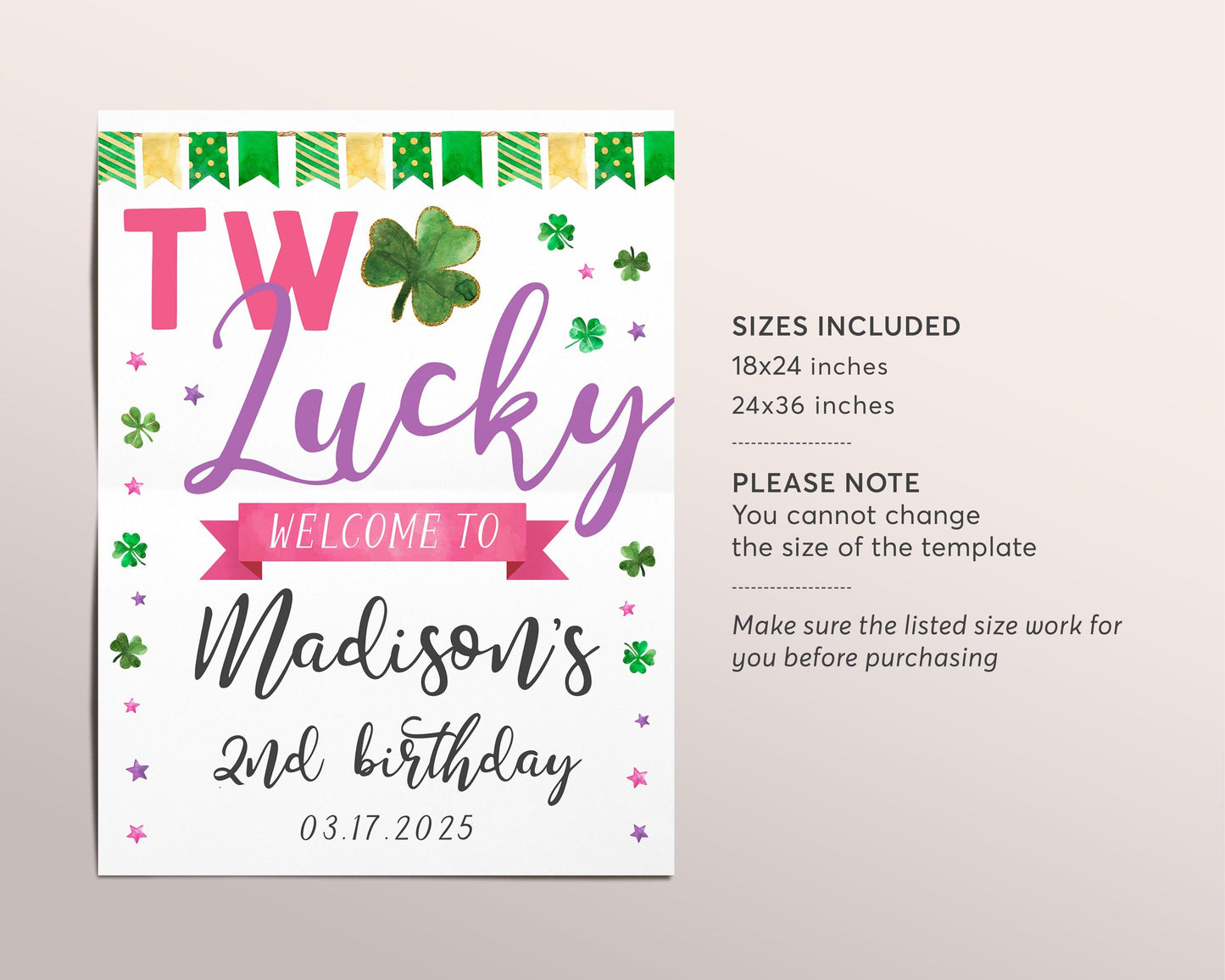 Two Lucky Birthday Welcome Sign Editable Template, Girl St Patrick's Day Shamrock 2nd Birthday Party Poster, Four Leaf Clover Lucky Charm