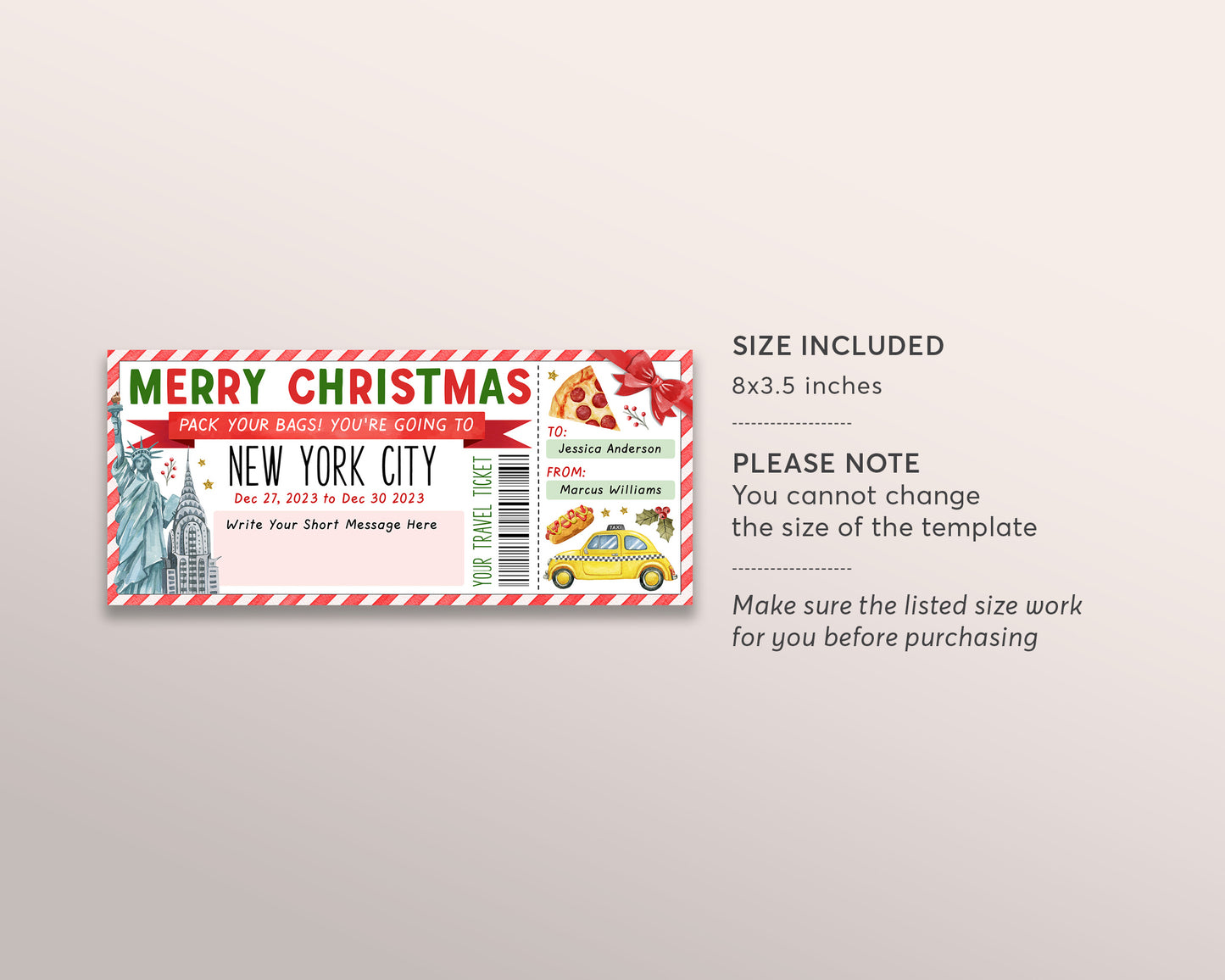 New York City Trip Ticket Editable Template, Christmas Surprise Travel Vacation Gift Certificate, NYC Trip Reveal, Pack Your Bags Holiday