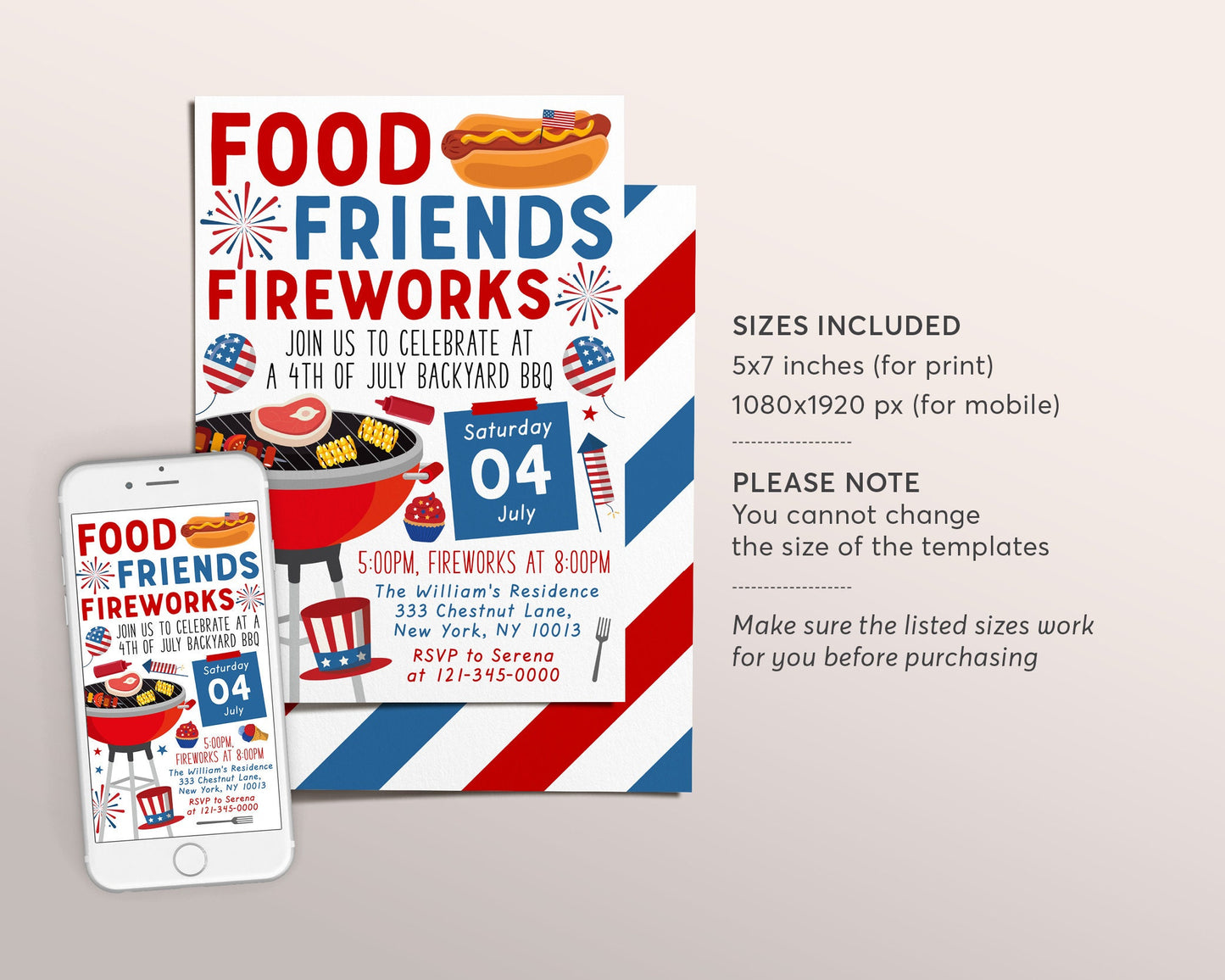 4th of July Invitation Editable Template, Fourth of July Celebration BBQ Fireworks Invite, Independence Day Neighborhood Block Party Picnic
