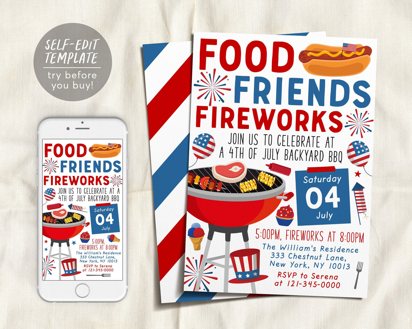 4th of July Invitation Editable Template, Fourth of July Celebration BBQ Fireworks Invite, Independence Day Neighborhood Block Party Picnic