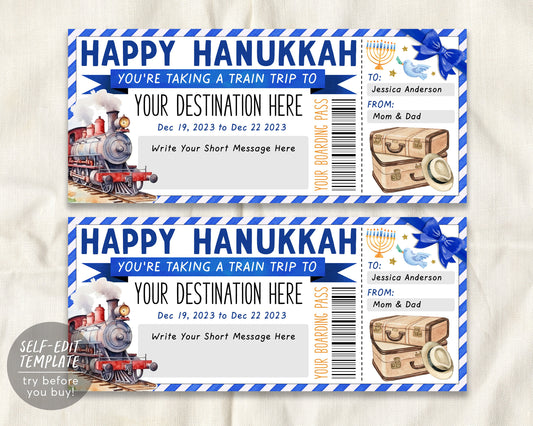 Happy Hanukkah Train Ticket Boarding Pass Editable Template