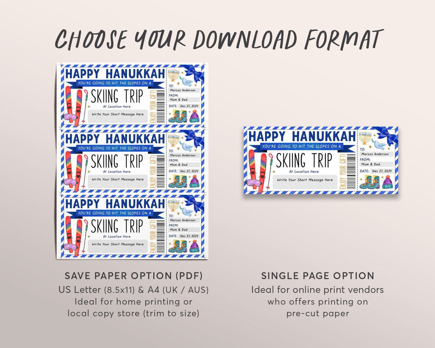 Happy Hanukkah Skiing Trip Gift Certificate Editable Template, Surprise Chanukah Holiday Ski Pass Vacation Gift Voucher, Skiing Lessons