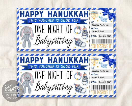 Happy Hanukkah Babysitting Gift Coupon Editable Template