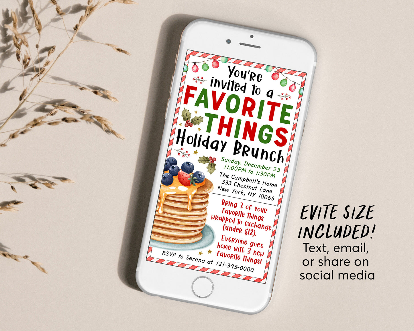 Christmas Favorite Things Brunch Invitation Editable Template, Holiday Gift Exchange Party Pancakes Breakfast Invite Celebration Printable