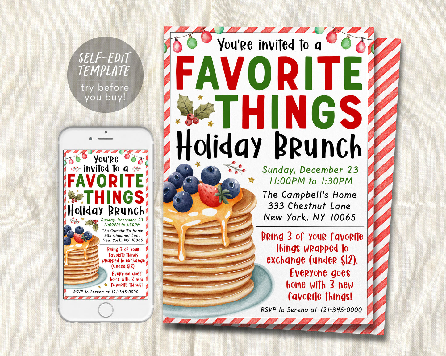 Christmas Favorite Things Brunch Invitation Editable Template