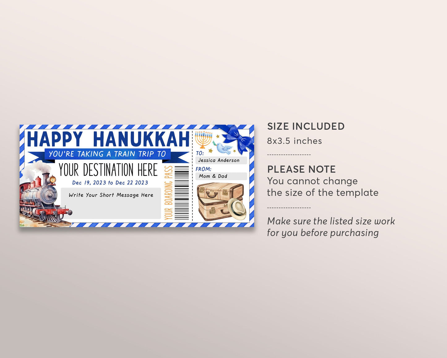 Happy Hanukkah Train Ticket Boarding Pass Editable Template, Surprise Chanukah Weekend Getaway Vacation Travel Gift Certificate Staycation